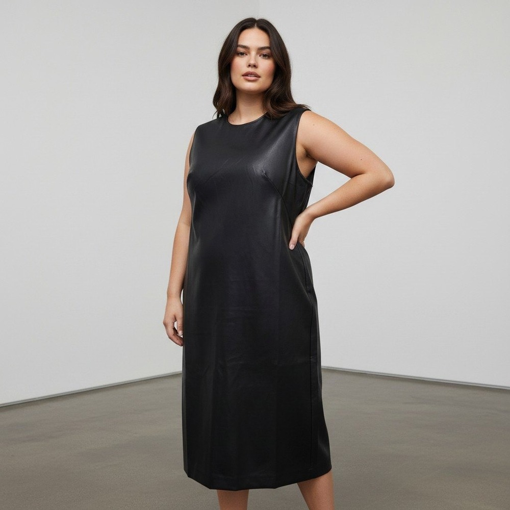 Spanx Faux Leather Fitted Sheath Dress Luxe Black Size XL Sleeveless Midi